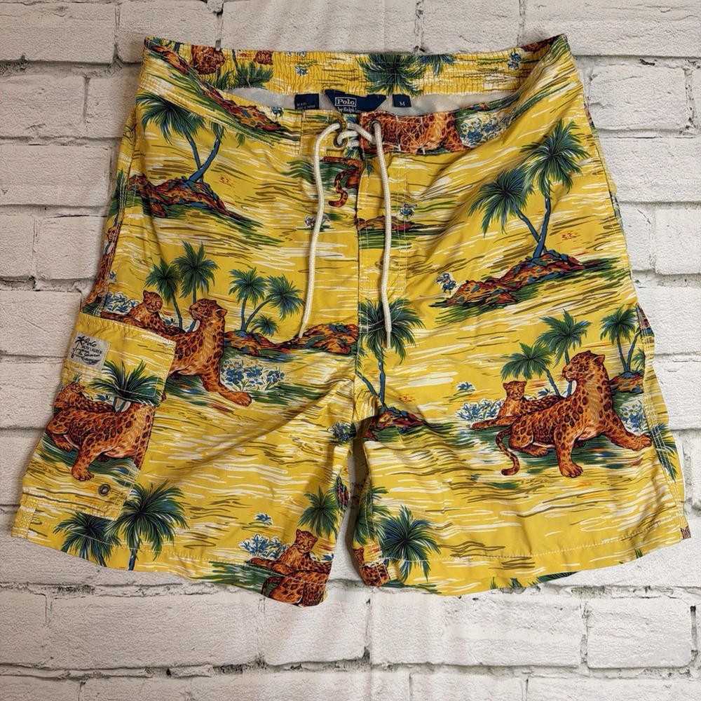 Polo Ralph Lauren Men's Swim Trunks Shorts Medium Yellow Cheetah Tropical AOP
